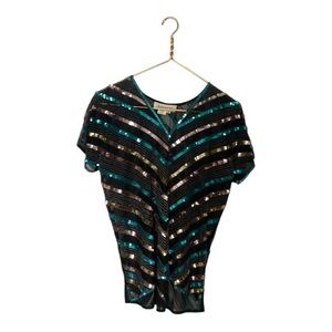 VTG Argenti 100% Silk Turquoise Stripe Sequins Holiday Sheer Maxamalist Blouse S